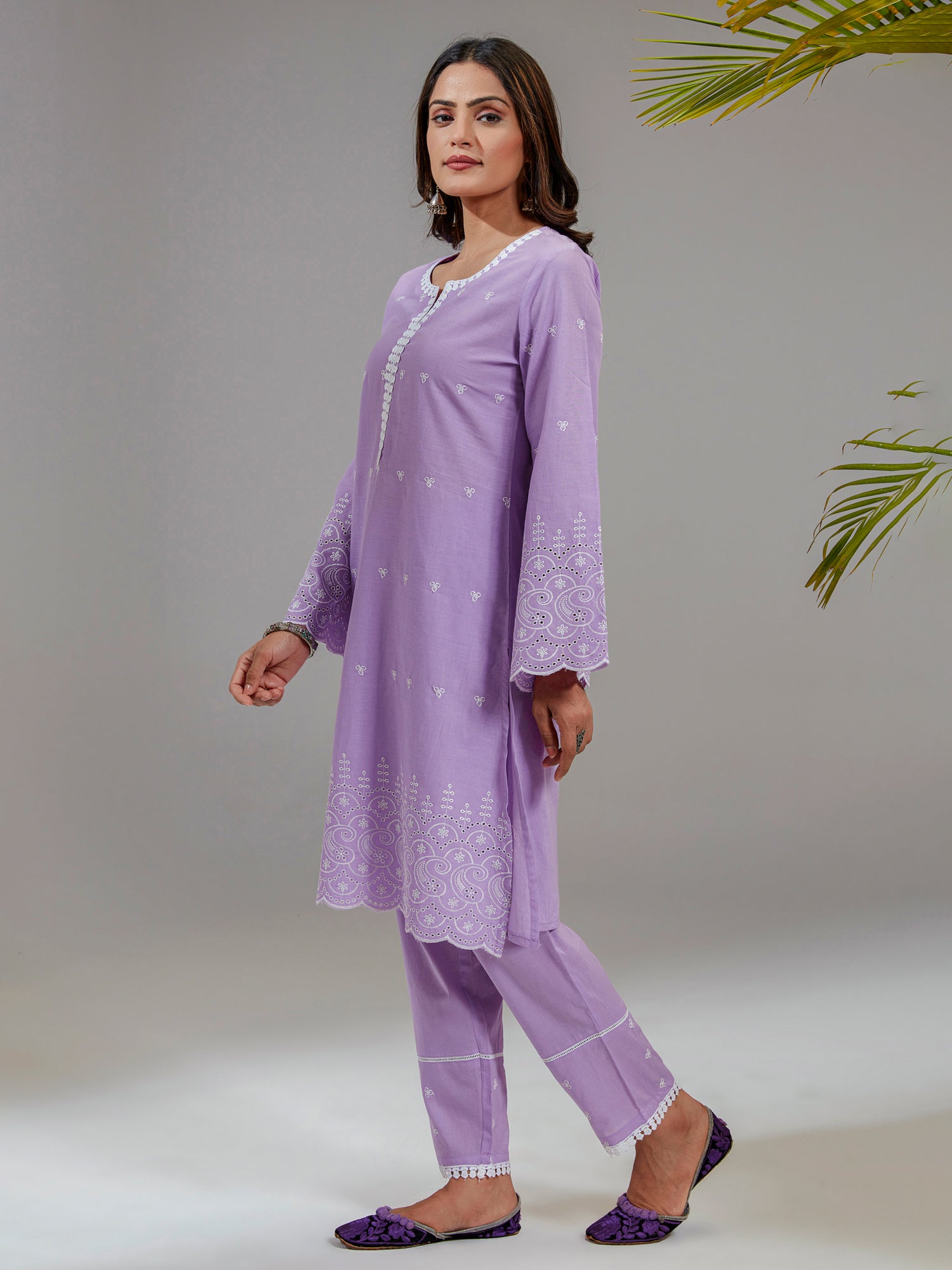 Lavender Cotton Embroidered A-Line Co-Ord Set